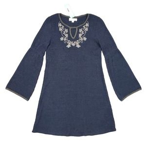 THML Regan Embroidered Knit Dress Mini Bell sleeve Navy Blue SP Cottagecore Boho